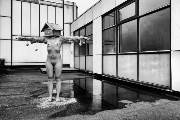 A nude figure stands on a rooftop, arms outstretched and head in a birdhouse, with small objects hanging from their arms. This black and white scene unfolds before modern building walls. Artwork: Lust (Copy).